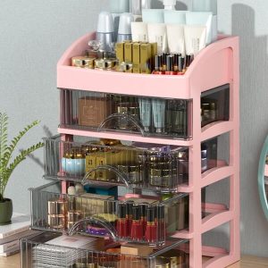 1-4 Layers Large Capacity Drawer Makeup Organizer Plastic Cosmetic Storage Box Holder Office Supplies Storage Box Jewelry Box Pink