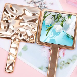 1pc Portable Handle Mirror With Plating Style, Handheld Cosmetic Mirror, Irregular Creative Mirror For Makeup Room, Dormitory Rose Gold