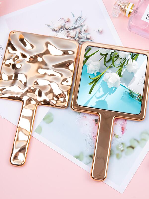 1pc Portable Handle Mirror With Plating Style, Handheld Cosmetic Mirror, Irregular Creative Mirror For Makeup Room, Dormitory Rose Gold