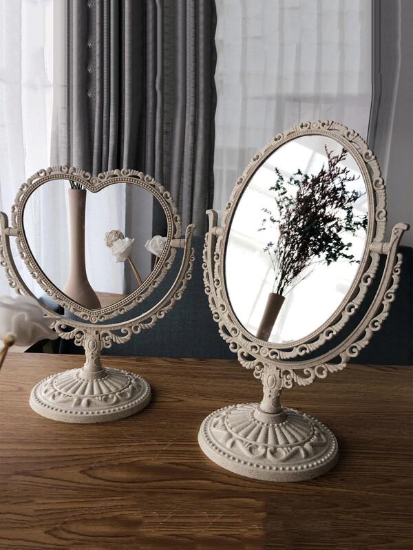 1pc Double-Sided Vintage Style Makeup Mirror, Decorative Heart Shape Vanity Mirror For Tabletop Beige