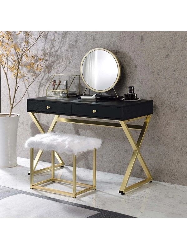 Vanity Mirror & Stool  Mirror, Black & Brass Finish(Vanity desk not included) Black