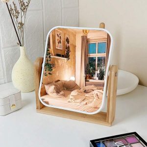 1pc Wooden Base Double Sided Makeup Mirror With Magnifying Function, Square Shape Tabletop Rotating Cosmetic Mirror For Home, Desk Table Vanity Mirror, Living Room Home Bedroom Bathroom House Decor, Travel Stuff, Wedding, Party, Birthday, Gifts For Men Mom Dad Best Friends Teacher, New Years, Accessaries, Funny Gift White