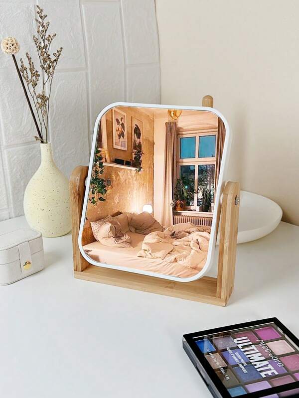 1pc Wooden Base Double Sided Makeup Mirror With Magnifying Function, Square Shape Tabletop Rotating Cosmetic Mirror For Home, Desk Table Vanity Mirror, Living Room Home Bedroom Bathroom House Decor, Travel Stuff, Wedding, Party, Birthday, Gifts For Men Mom Dad Best Friends Teacher, New Years, Accessaries, Funny Gift White