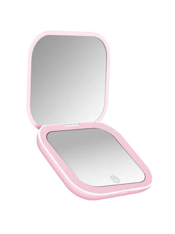 Compact Small Mini Gift Vanity Table Folding Led Lights Portable Hand Held Pocket Makeup Mirror 2X Magnifying Pink