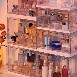 1pc Stackable Acrylic Perfume Storage Box With Large Capacity Dustproof Display Case For Dressing Table, Transparent Organizing Stand For Fragrance, Cosmetics, Bathroom Accessories Clear