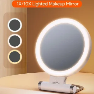 JMMO LED Light Makeup Mirror With Stand,10X/1X Lighted Portable Makeup Mirror With 3 Color Light Adjustable Rotation,Portable Desk Cosmetic Rechargeable Foldable Mirror,Beauty & Personal Care Necessary Instruments White