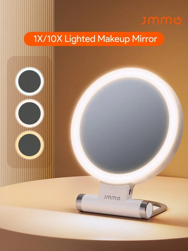 JMMO LED Light Makeup Mirror With Stand,10X/1X Lighted Portable Makeup Mirror With 3 Color Light Adjustable Rotation,Portable Desk Cosmetic Rechargeable Foldable Mirror,Beauty & Personal Care Necessary Instruments White