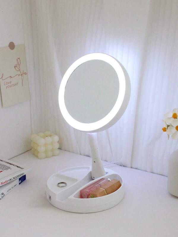 1pc LED Lighted Makeup Mirror With 1/10x Magnifying, Double-Sided Adjustable & Foldable Cosmetic Mirror For Travel, Battery & USB Powered White