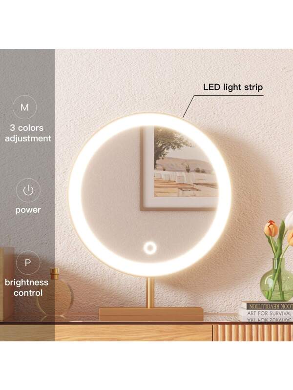 1pcs Desktop LED Light Vanity Mirror, Light Luxury Makeup Mirror, Bedroom Modern Simple Vanity Mirror Gold