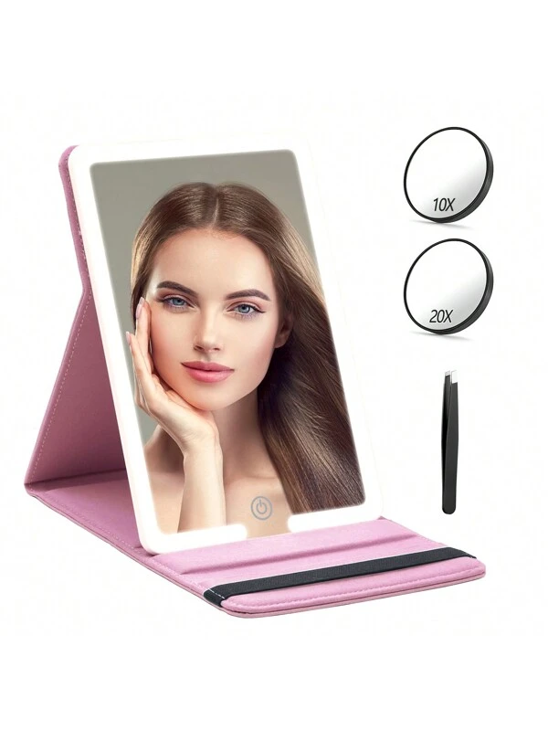 Lighted Travel Makeup Mirror With Round 10X & 20X Magnifying Mirror, PU Leather Vanity Mirror With Lights With 1500mAh Battery, LED Tabletop Cosmetic Mirror Of 8 * 5.5inch Pink