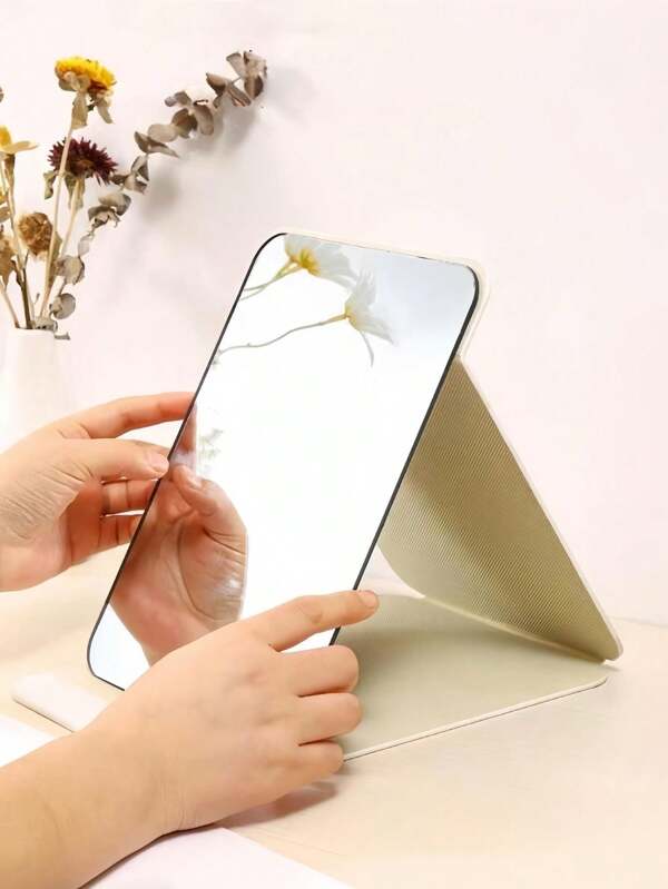 1pc Simple Portable Makeup Mirror For Bathroom, Office Desk, And Home, Adjustable Tabletop Handheld Mirror, Suitable For Student Dorm Dressing Table, Home And Bathroom Decoration White