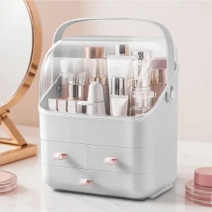 White Makeup Organizer Makeup Holder With Enclosed Lid, Multiple Drawers, Handle, Portable Modern Cosmetic Skincare Storage Box For Bedroom, Dresser, Bathroom White