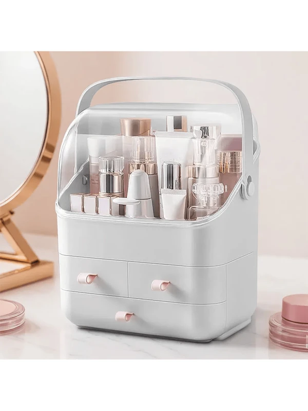 White Makeup Organizer Makeup Holder With Enclosed Lid, Multiple Drawers, Handle, Portable Modern Cosmetic Skincare Storage Box For Bedroom, Dresser, Bathroom White