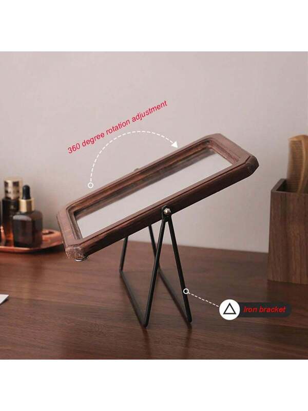 1pc Vintage Wooden Makeup Mirror With 360?? Rotating And Flipping, Desktop Vanity Mirror, High-Quality Minimalist Home Use Mirror, Modern Chinese Style Multicolor