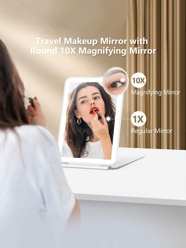 1pc LED Lighted Makeup Mirror With 10X Magnifying Mirror, Portable Folding Mirror With Lighting For Travel, Beauty Vanity Mirror White