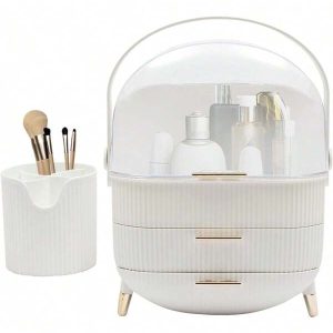 CNCEST Portable Make Up Organiser, Multi-Function Cosmetic Box With Brush Barrel, Makeup Storage Box With Dustproof Lid, Beauty Organiser White