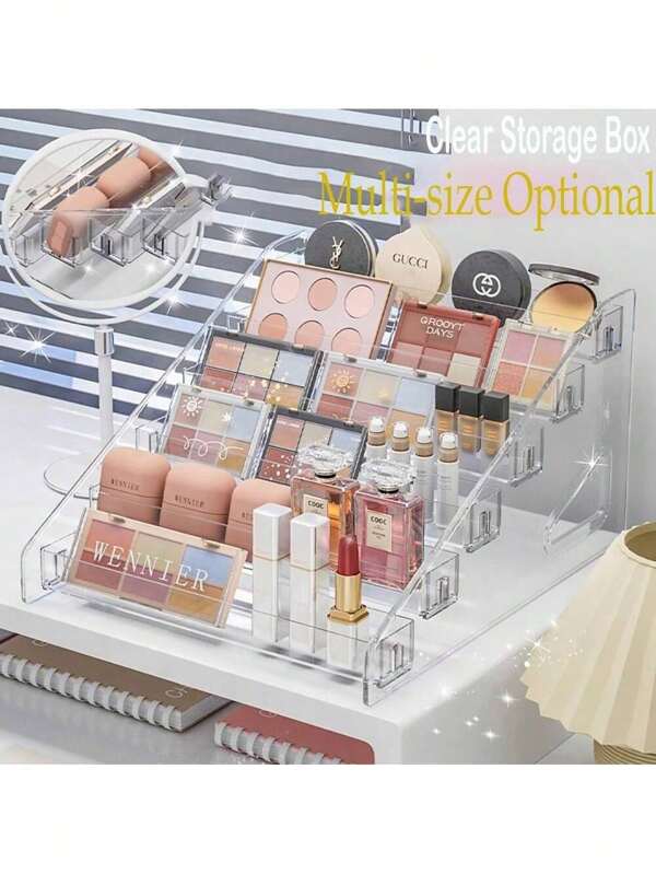 1pc Clear Makeup Organizer,Transparent Storage Box, Multi-Layer Cosmetic Storage Rack, Nail Polish, Eyeshadow Disc, Display Rack, Dresser, Finishing Shelf,Bathroom Organizers And Storage, Clear Cosmetic Storage Box,Stair Style Display Rack For Perfume, Skincare,Cosmetics, Multi-Layer Cosmetic Storage Rack,Organization And Storage Case For Cosmetics Make Up & Jewelry,For Vanity, Bathroom, College Dorm, Closet, Desk,School Dorm,Girl's Gift Clear