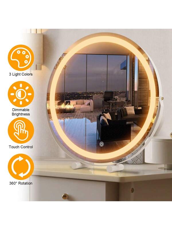 19Inch Large Round Vanity Makeup Mirror With LED Halo Light 3 Lighting Colors Dimmable Brightness Touch Control 360?? Rotation High-Definition Lighted Mirror For Bedroom Tabletop US A Type Plug(110-127V)