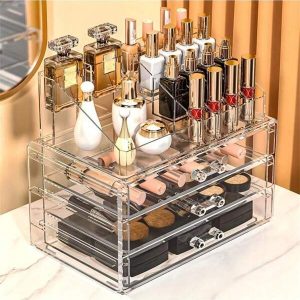 2-Piece Set Makeup Storage Box Skin Care Large Transparent Cosmetics Display Box Stackable Storage Box With 3 Drawers For Dressing Table Makeup Brush Holder Mint Blue