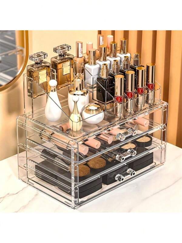 2-Piece Set Makeup Storage Box Skin Care Large Transparent Cosmetics Display Box Stackable Storage Box With 3 Drawers For Dressing Table Makeup Brush Holder Mint Blue