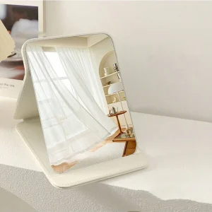 1pc Folding Makeup Mirror, Portable Vanity Mirror For Desk/Dorm, Minimalist Leather Design, Premium Look Beige