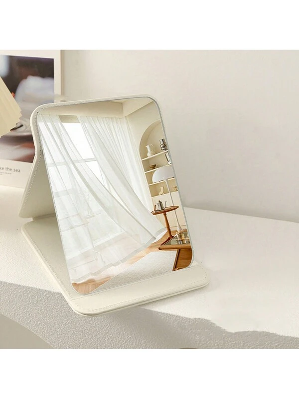 1pc Folding Makeup Mirror, Portable Vanity Mirror For Desk/Dorm, Minimalist Leather Design, Premium Look Beige