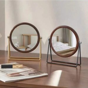 1pc Vintage Wooden Chinese Style Vanity Mirror, Desktop Makeup Mirror, Rotatable Dual-Sided Small Mirror For Home, Student Dorm Multicolor