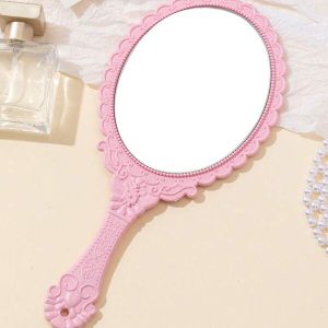 1pc Large European Vintage Pattern Handheld Makeup Mirror, Portable Travel Dressing Mirror, INS Style Handle Touch-Up Mirror, Creative Handle Mirror, Gift Mirror Pink