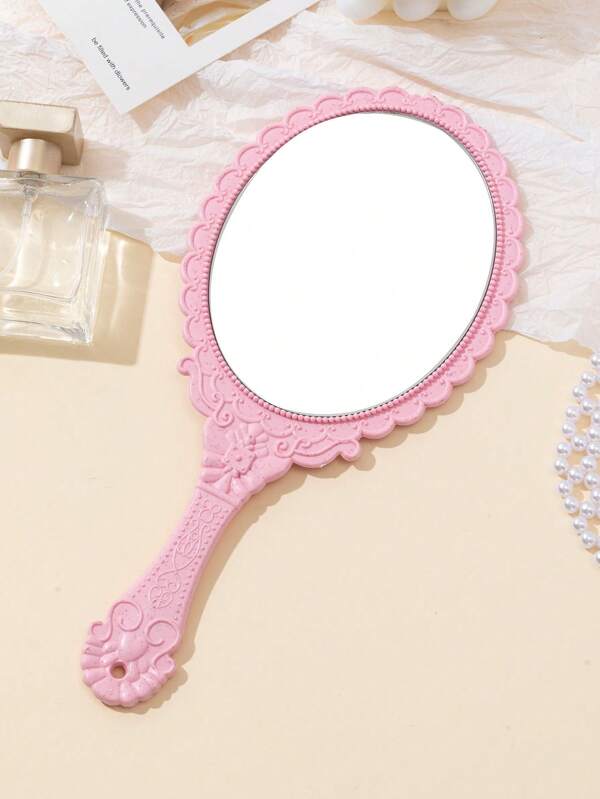 1pc Large European Vintage Pattern Handheld Makeup Mirror, Portable Travel Dressing Mirror, INS Style Handle Touch-Up Mirror, Creative Handle Mirror, Gift Mirror Pink