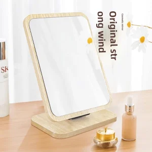 Wooden Framed Mirror, Desktop Makeup Mirror, Foldable Desktop, Student Dormitory Rotating Mirror, Household Portable Large Dressing Mirror Yellow