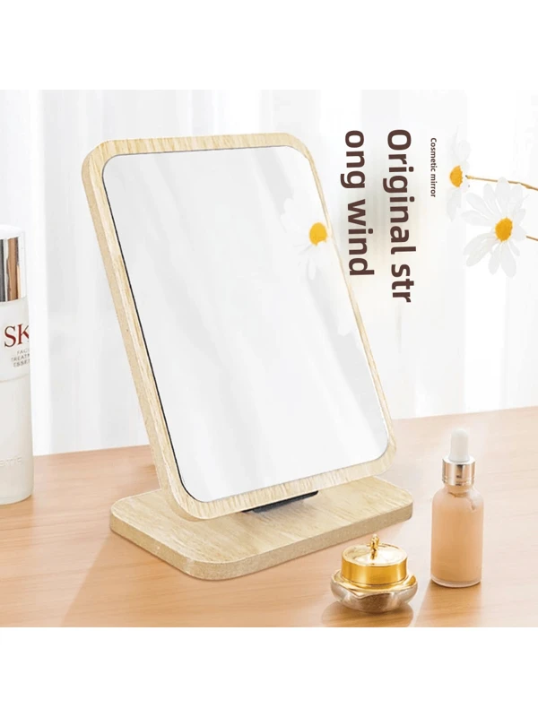 Wooden Framed Mirror, Desktop Makeup Mirror, Foldable Desktop, Student Dormitory Rotating Mirror, Household Portable Large Dressing Mirror Yellow