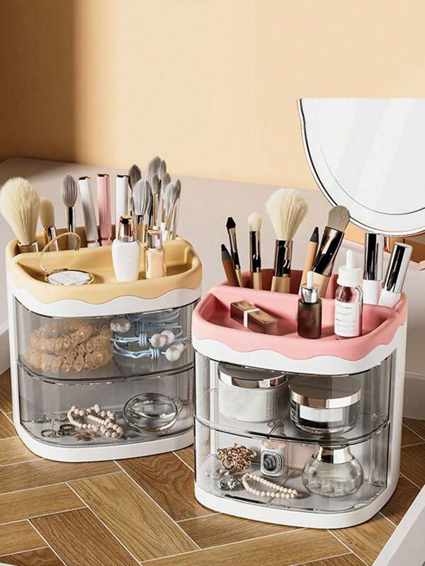 1pc Multi-Functional Rotatable Drawer Type Storage Box For Bathroom, Makeup & Jewelry Organizer Pink