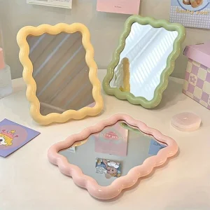 1pc Chic Wavy Glass Makeup Mirror - Portable, Non-Slip Base For Travel & Vanity Use Multicolor