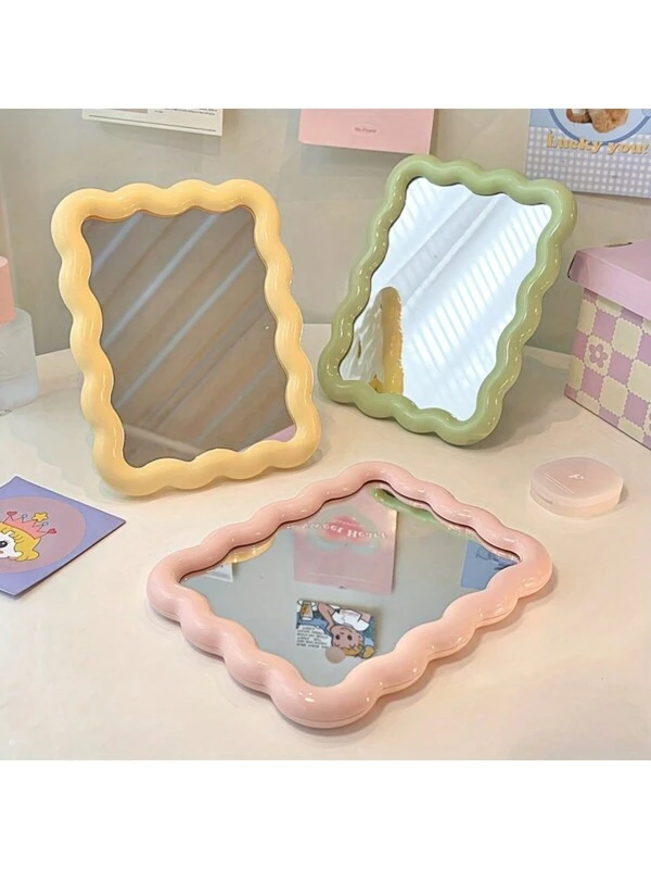 1pc Chic Wavy Glass Makeup Mirror - Portable, Non-Slip Base For Travel & Vanity Use Multicolor