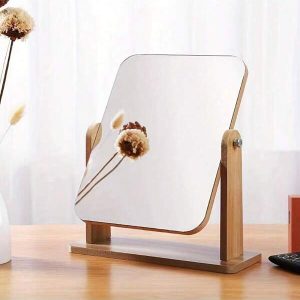 1pc Simple Wooden Makeup Mirror Rotating Desktop Makeup Mirror, Desktop Student Dormitory Folding Portable Vanity Mirror Multicolor