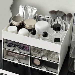 1pc Makeup Storage Box, Desktop Organizer With Drawer, Multi-Grid Large Capacity Cosmetic Display Case, Makeup Brush Holder, Suitable For Storing Lipstick, Jewelry, Manicures, Skincare Product, Bathroom Vanity Organiser, Dressing Table Decor, Stationery Container, Back-To-School Supplies, Holiday Gift, Christmas Present White